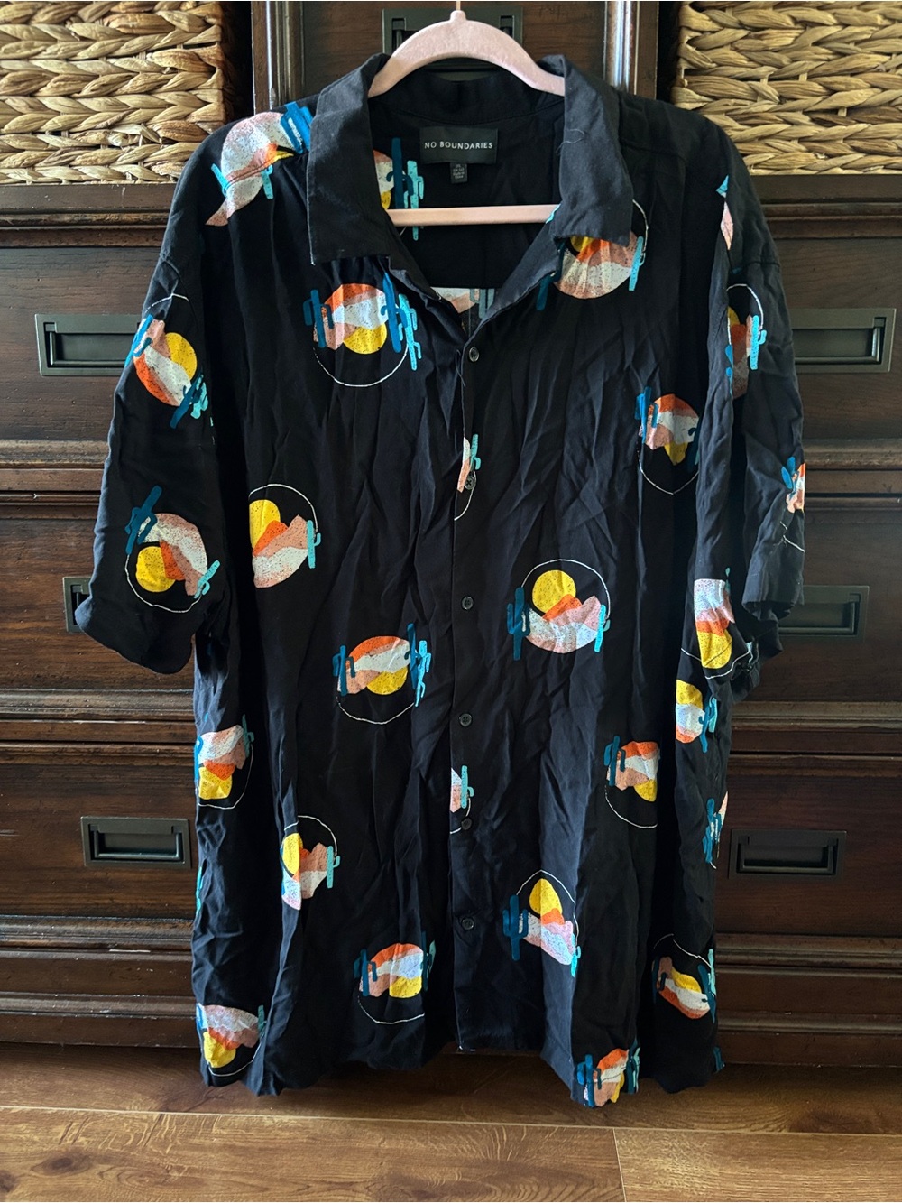 No Boundaries Black Short-Sleeve Shirt Jacket with Sunset Print